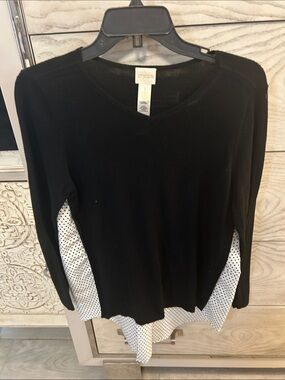 Chico's Black Layered V-Neck Sweater with Polka Dot Hem